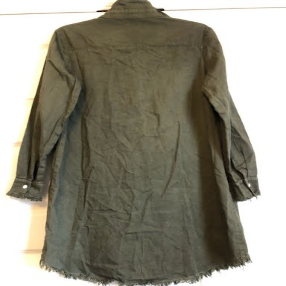 NWT ZILCREMO Frayed Edges Denim Shirt Mini Dress Long Sleeve Dark Olive M - Picture 5 of 8